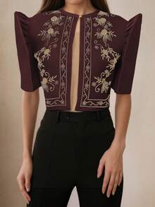 Modern Filipiniana Retro Floral Printed Puff Sleeve Blouse, Spring/Summer - Coffee Brown - View 5
