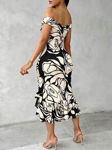 ChicMe Women's Floral Print Open Shoulder Ruffle Hem Slit Fitted Midi Dress, Elegant And Fashionable, Suitable For Party And Vacation Black Summer - Black - View 3