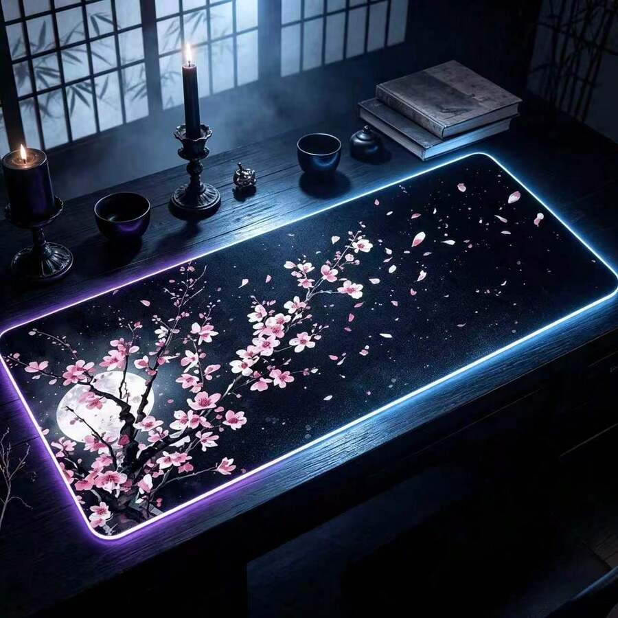 耐用鼠墊/電競鼠墊/辦公鼠墊/筆電鍵盤墊/桌墊,黑色背景配粉色櫻花圖案,精確縫製邊緣,防滑橡膠底,多種尺寸可選 - 鼠標墊 - 查看 1