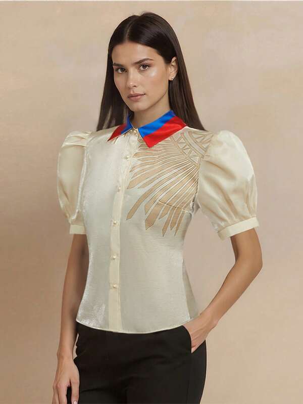 Women's Filipino-Style Bolero Top, Printed Barong-Style Elegant Stand-Collar Button-Down Cardigan Shirt, Formal Shirt, Women's Shirt