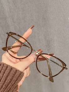 Y2K Stylish Blue-Green Cat Eye Frame Glasses, Women's Non-Prescription Eyewear Accessory - Mocha Brown - View 2