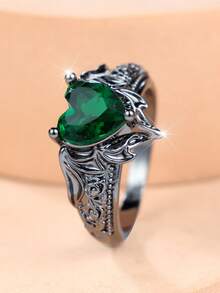 1pc Halloween Theme Women's Zirconia Bat Ring, Inlaid With Green Heart, Suitable For Niche Fashion And Mood-Based Styling - Green - View 3