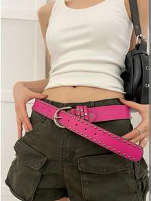 1件美式時尚休閒鉚釘極簡百搭女款PU皮革腰帶 - 玫紅色 - 查看 2