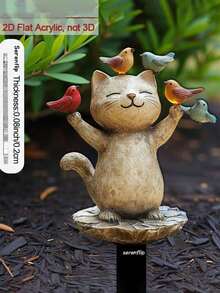 1pc 2D Acrylic Garden Stake, Suitable For Soil. Cat Design With One Bird On Hand And One On Head, Adds Charm To Outdoor Yard, Can Be Used As Flower Pot Decoration, Perfect For Flower Pot Embellishment - A - View 2