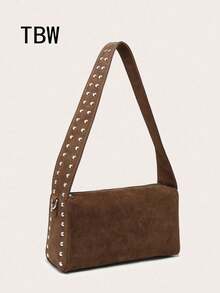 1pc Women's Large Capacity Square Bag, Suede Fabric, Rivet Decor, Wide Strap, Niche Design, Commuter Shoulder/Underarm Bag - Brown - View 1