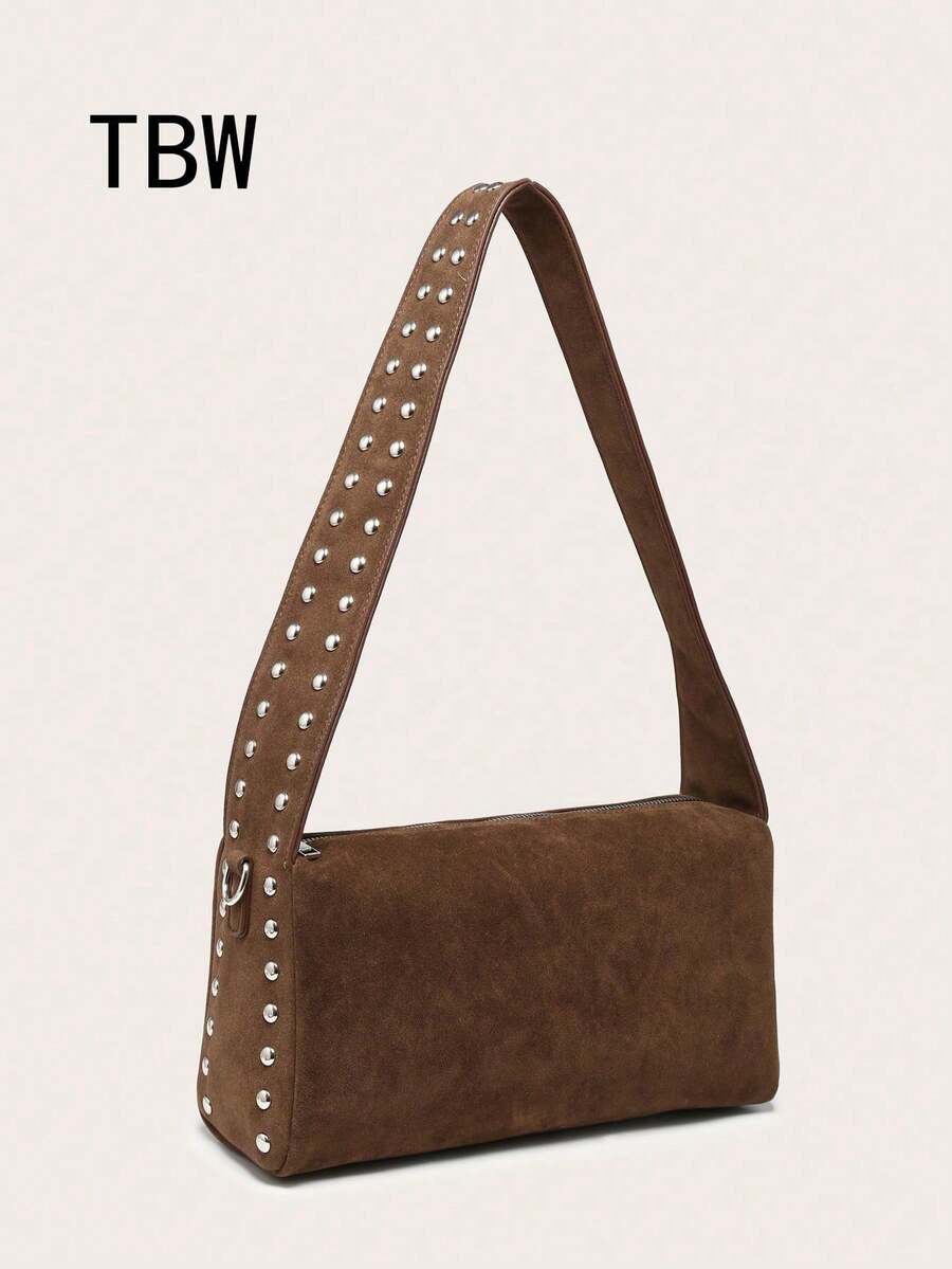 1pc Women's Large Capacity Square Bag, Suede Fabric, Rivet Decor, Wide Strap, Niche Design, Commuter Shoulder/Underarm Bag - Brown - View 1