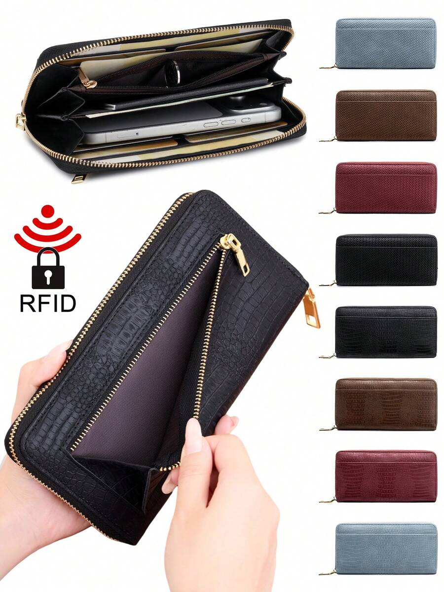 FOREVER MIYIN RFID Blocking Women Long Zip Around Wallet, Crocodile & Woven, Large Capacity Multi‑Card Slots Back & Coin Pocket, Phone‑Compatible Daily Travel