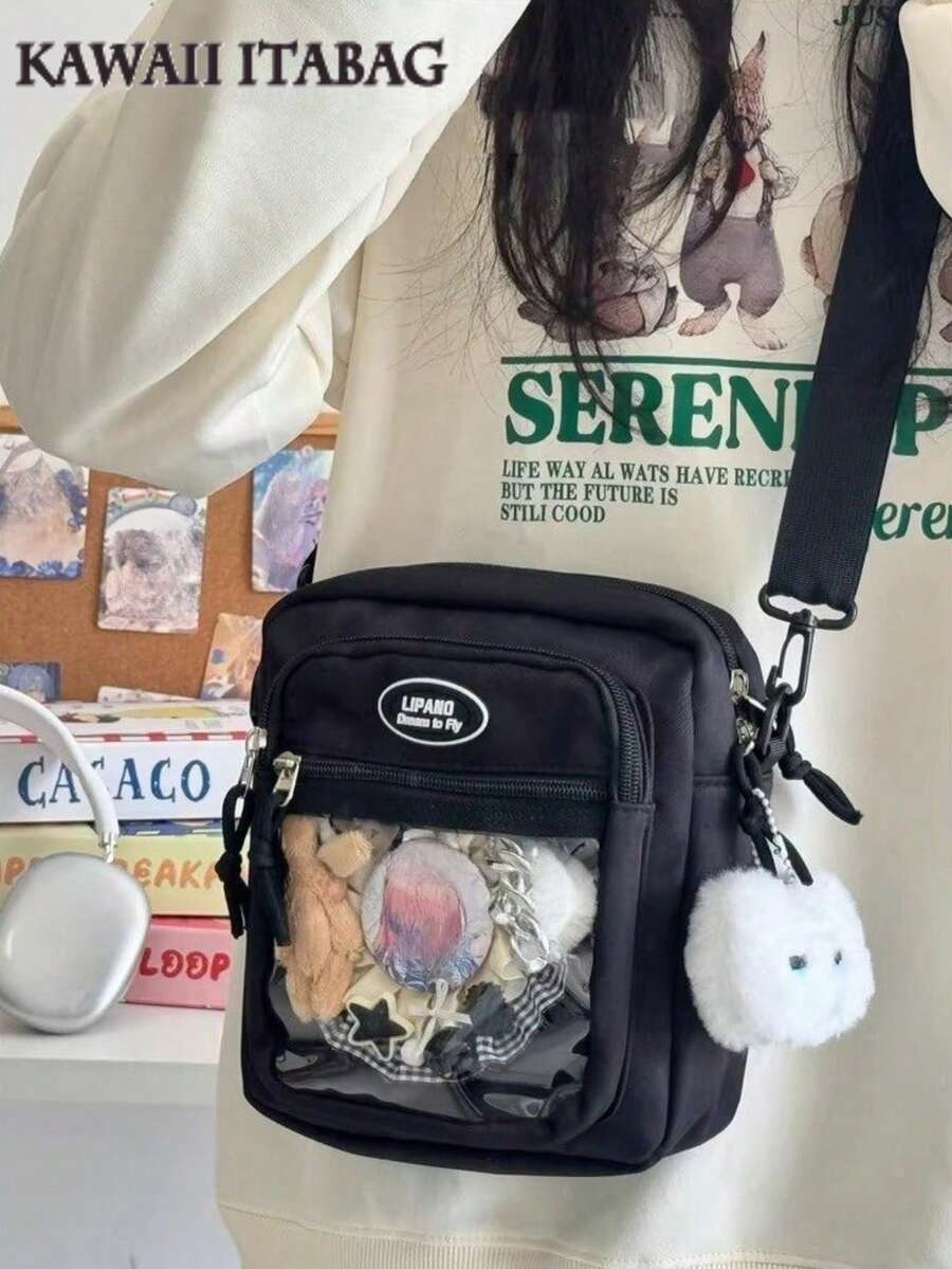 10cm娃娃小痛包 可愛日系純色斜挎包,附透明口袋 DIY 迷你單肩包手提包,動漫粉絲娃娃包 - 黑色 - 查看 1