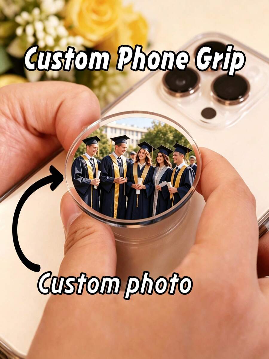Custom Round Photo Phone Stand, Personalized Graduation Portrait Picture Folding Phone Holder, Rotatable And Height Adjustable, Customized Memory Photo Phone Accessory, Universal Portable Round Phone Stand For Smartphones - Multicolor - View 1