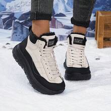 Women's High-Top Snow Boots With Fur Lining, Warm Winter Boots With Laces And Thick Anti-Slip Soles, Color-Blocking Design - Off-black - View 11