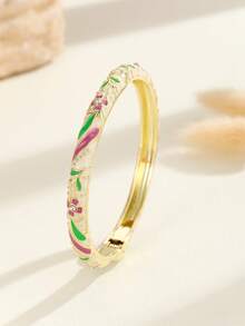 1pc Fashion New Style Gold Plated Exquisite Floral Enamel Cloisonne Bangle Hinged Cuff Rhinestone Jewelry Gift For Women - Hot Pink - View 6
