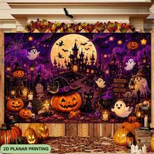 1pc 2D Flat Banner, Halloween Pumpkin House Scene, Polyester Fabric Backdrop, Photo Prop And Home Wall Hanging, Birthday Party And Autumn/Winter Party Banner, Suitable For Halloween And Christmas Decoration, Halloween Tapestry - Multicolor - View 8