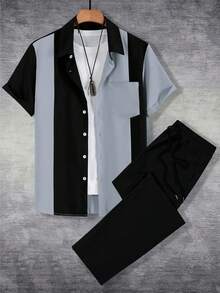 Spring/Autumn Mature Style Color Block Vertical Stripe Short Sleeve Single-Breasted Fitted Shirt With Elastic Drawstring Loose Long Pants Solid Color 2 Pieces Set, Urban Casual Commute, Smooth Polyester Woven Fabric - Black - View 4