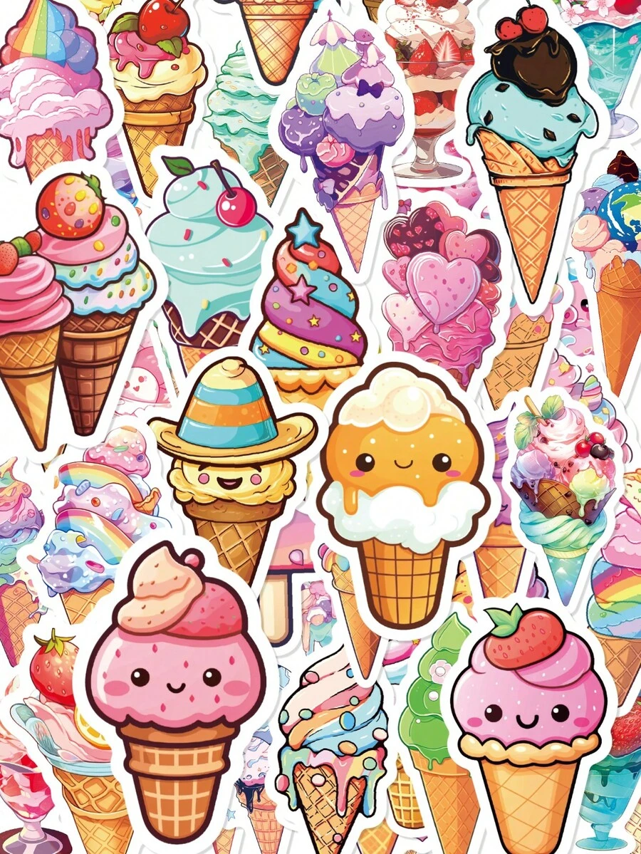50Pcs Colorful Ice Cream Journal Stickers, Lovely Summer Dessert Cartoon Patterns Of Fruit‑Decorated Cones And Rainbow Sundaes, Suitable For Scrapbook, Tumbler, Tablet, Suitcase, Pencil Box - Multicolor - View 1