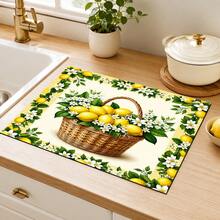 1pc Yellow Lemon Flower Basket Pattern Dish Drying Mat, Fresh Country Style, Quick-Dry Absorbent Material, 2D Flat Floral Print Design, Non-Slip Surface Protection, Suitable For Daily Kitchen, Dish Drying, Family Gatherings And Home Decor - Multicolor - View 6