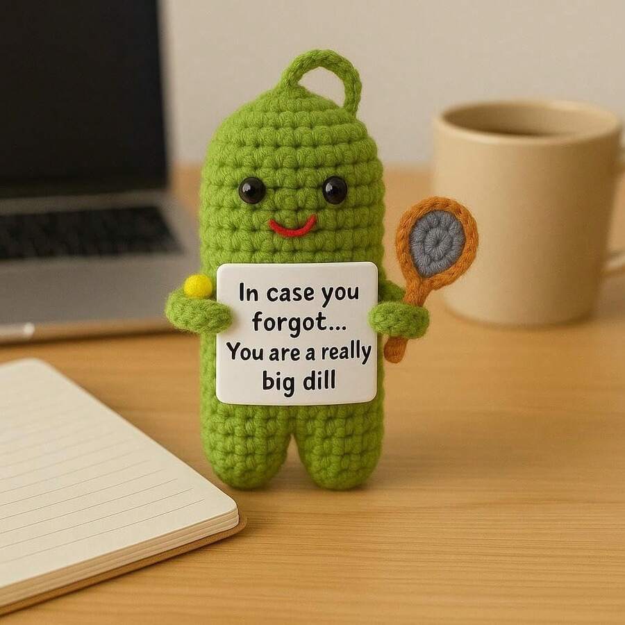 1pc Handmade Crochet Cucumber Figurine, Hand‑Knitted Cucumber Doll With Message Card And Small Mirror Accessory, Mini Desktop Ornament, Hanging Loop Design, Decorative Figure For Home, Shelf, Office Display And Gift Application - Multicolor - View 1