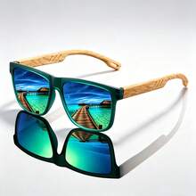 Unisex Square Wood Grain Temple Glasses, Coated Lenses, Suitable For Daily Wear, Driving, Travel, Outdoor - Multicolor - View 4
