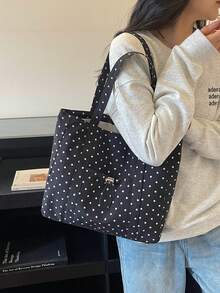 Tas Belanja Serut Kapasitas Besar Motif Polkadot - Hitam - View 7