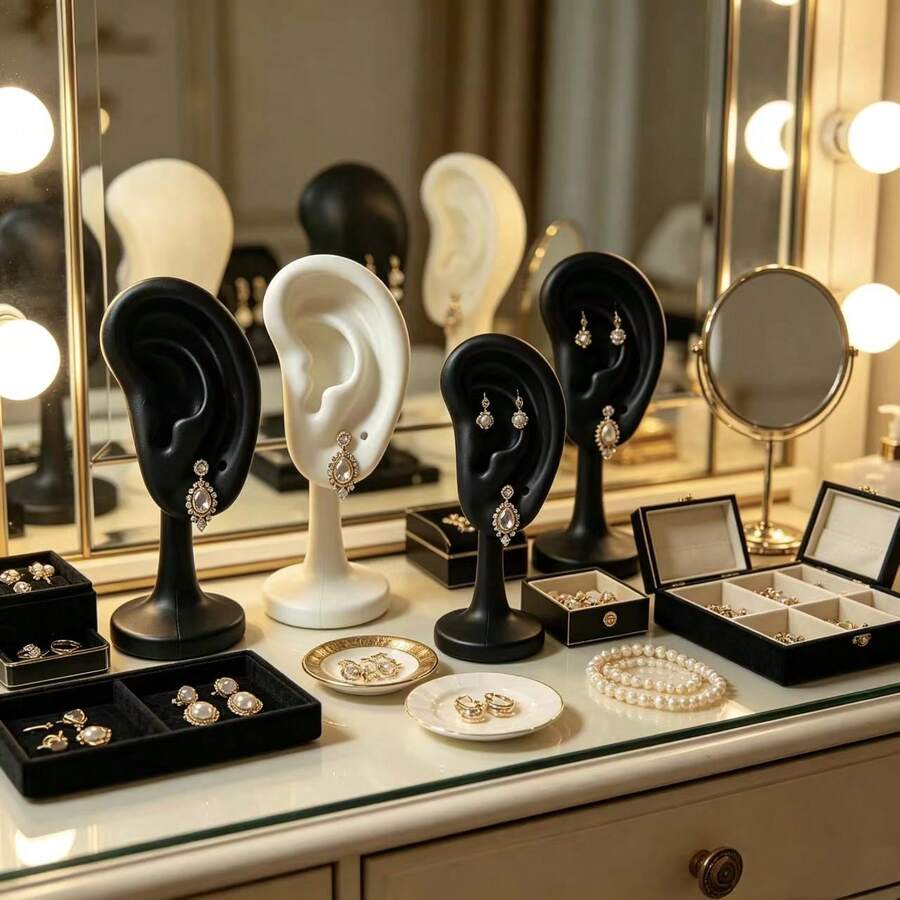 1/2pcs Ear Display Stand, Realistic Human Ear Jewelry Display Holder, Suitable For Stud Earrings, Dangle Earrings Display, Wedding, Desktop Jewelry Storage, Room Decor Ornament, Store Display, Photography Prop, Christmas Home Decor - Multicolor - View 1