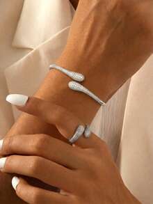 rakol Set Perhiasan Wanita 2 Buah Gelang dan Cincin Terbuka Berbentuk Tetesan Air Mata Warna Emas dengan Hiasan Batu Zirkonia Kubik - tetesan air - View 5