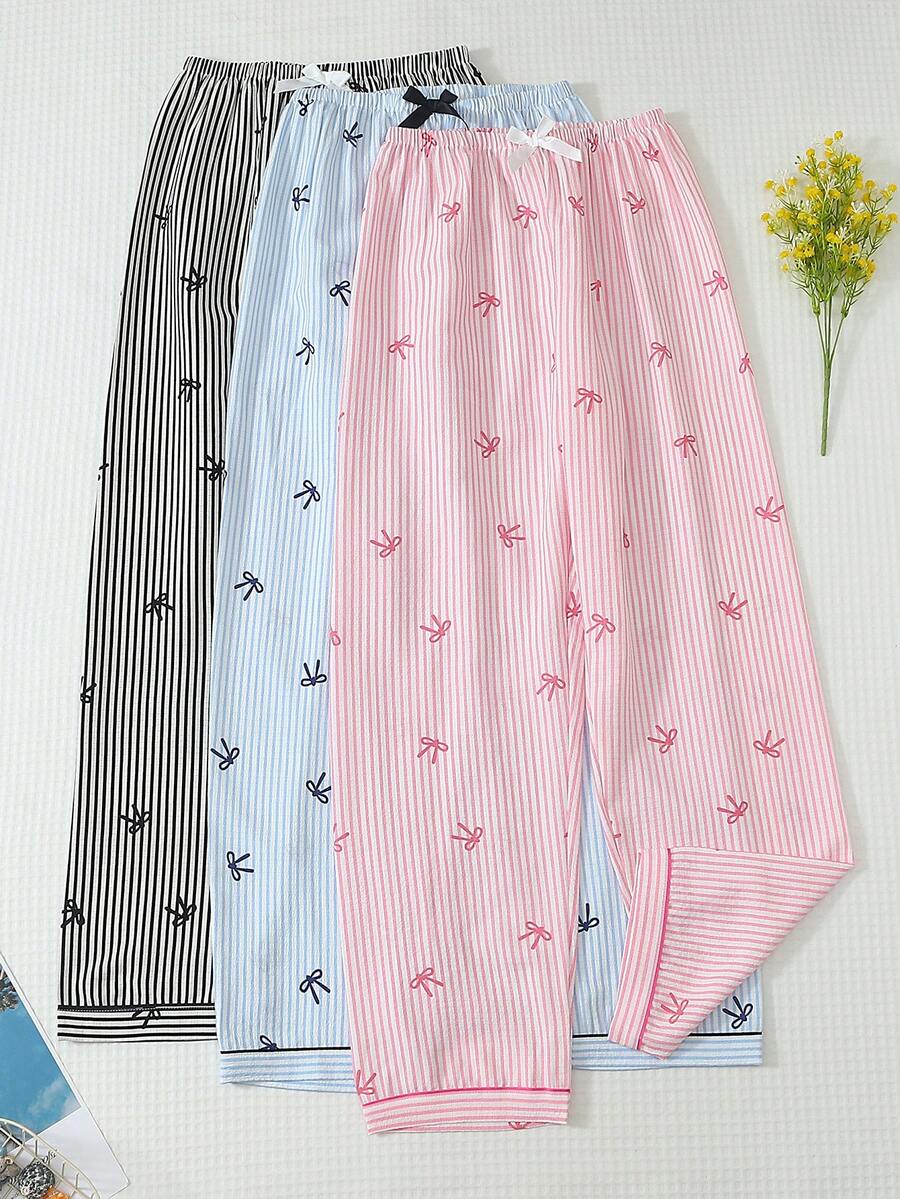 3pcs/Set Women's Comfortable Striped Bow Print Long Pajama Pants, Soft Polyester Non-See-Through - Multicolor - View 1