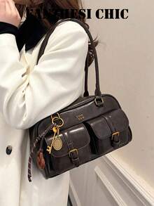 Double Pocket Belt Buckle Vintage Oil Wax Soft Leather Multi-Compartment Lock Boston Underarm Bag, American Collegiate Style, Women's Commute School Ins Shoulder Handbag - Coffee - View 3