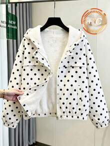 Tween Girls' Casual Fashion Polka Dot Design Zip-Up Hooded Long Sleeve Jacket, Autumn/Winter - White - View 1