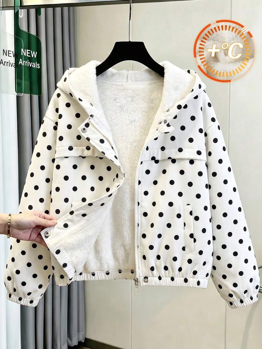 Tween Girls' Casual Fashion Polka Dot Design Zip-Up Hooded Long Sleeve Jacket, Autumn/Winter - White - View 1
