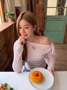 Pink Striped Asymmetrical Shoulder Long Sleeve T-Shirt Women Spring Autumn Fitted Base Layer Top With Tie Design - Pink - View 4