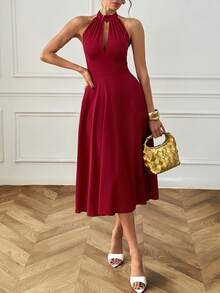 Women's Elegant Solid Color Backless Halter Mid-Length Dress, Elegant Autumn Party Outfit - Red - View 5