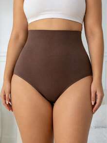 1pc Coffee Brown Plus Size High Waist Seamless Shapewear Panties, Wide Waistband Strong Tummy Control Butt Lifting Body Shaping Panties, 4-Way Stretch No-Trace Anti-Rolling Comfortable Non-Binding, Postpartum Recovery Back To School Commute Dress Jeans Invisible Base Layer Shaping Triangle Panties - Coffee Brown - View 3