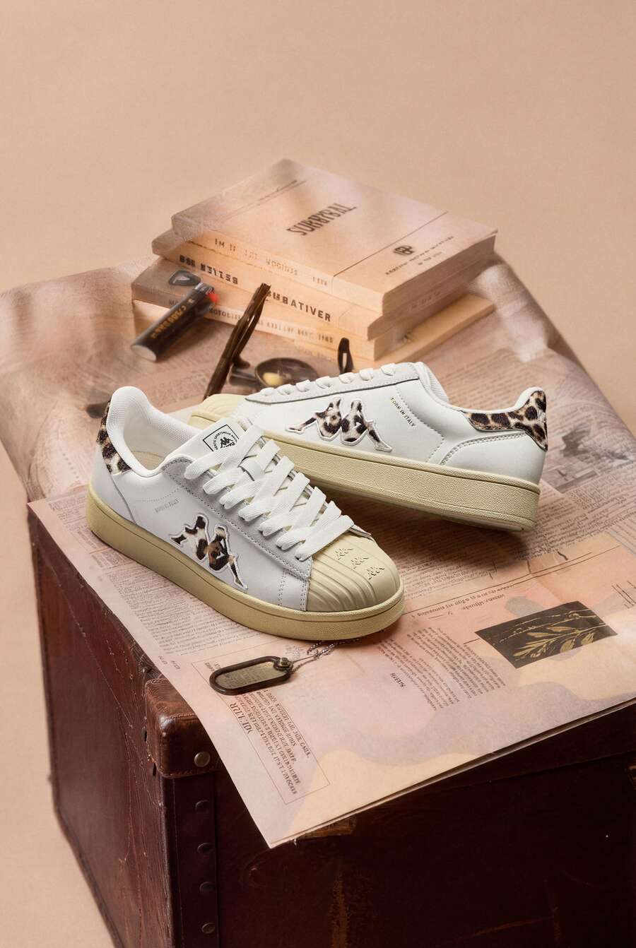 Kappa Unisex Retro Shell Toe Sneakers, Minimalist Embroidered Classic Flat Casual White Shoes - Cheese White - View 1