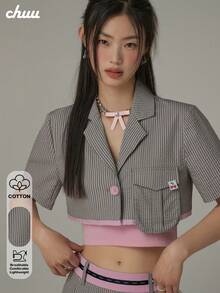 CHUU Striped Short Sleeve Blazer Women's Autumn/Summer Asymmetric Pocket Cropped Jacket - Grey - View 1