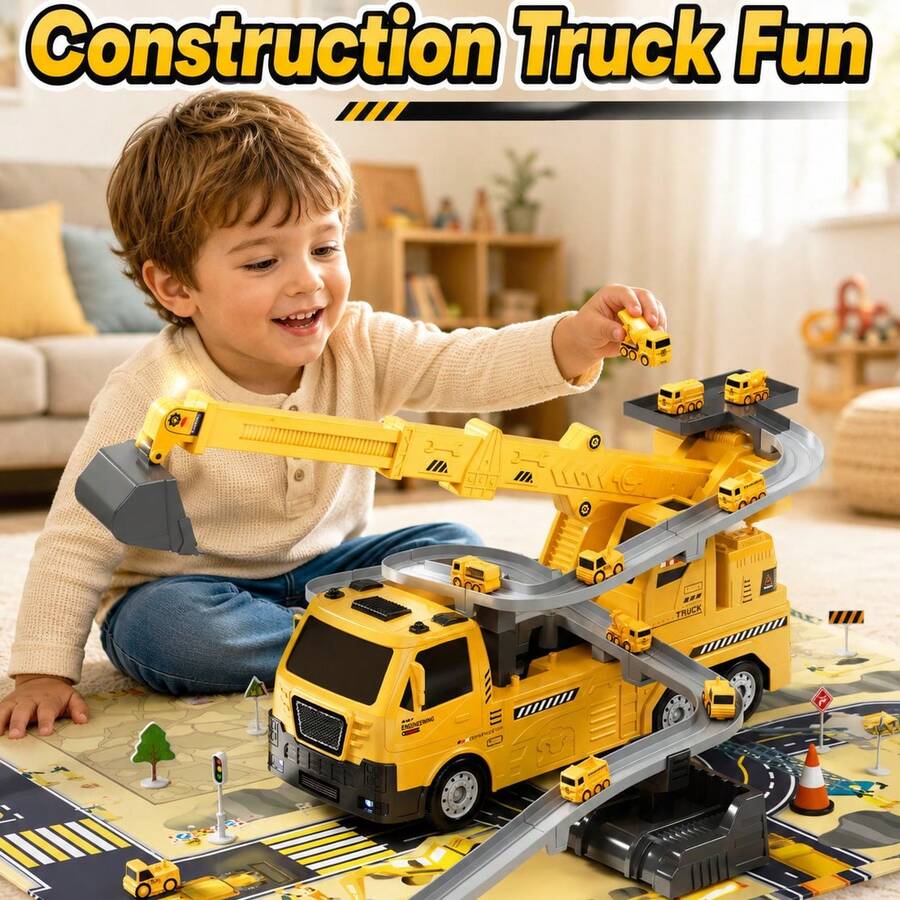 3合1起重機挖掘機玩具軌道車套裝，附燈光與音效，工程車玩具，男孩生日、聖誕、復活節禮物