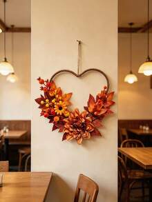 1pc Autumn Maple Leaf Wreath, Decorated With Artificial Berries And Sunflowers, Adorned With Heart Shape, Perfect For Decorating Bedroom, Window, Entrance And Wall, Creating Harvest And Thanksgiving Atmosphere - Multicolor - View 1