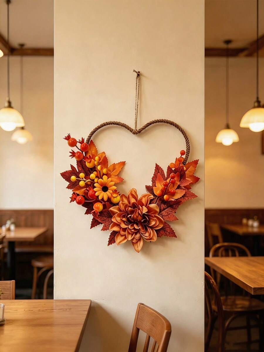 1pc Autumn Maple Leaf Wreath, Decorated With Artificial Berries And Sunflowers, Adorned With Heart Shape, Perfect For Decorating Bedroom, Window, Entrance And Wall, Creating Harvest And Thanksgiving Atmosphere - Multicolor - View 1