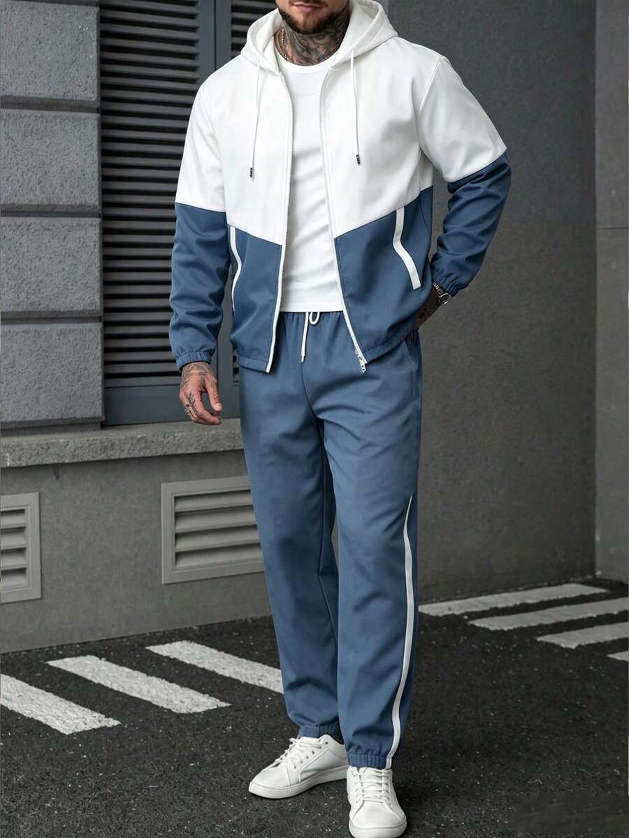 男友風戶外運動露營時尚拼接配色夾克與拼接配色運動長褲套裝，一體式