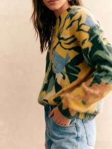 French Style Fresh Elegant Floral Print Round Neck Pullover Sweater Knit Top For Women - Flower - View 3