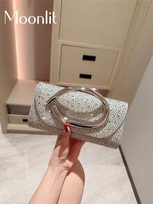 1件歐美時尚金屬裝飾迷你手拿包，高端亮面金屬條女款手提包，優雅奢華水鑽晚宴包，適合正式禮服，PU皮革派對包/浪漫婚禮手拿包/舞會包/雞尾酒會包，適用於學校舞會，附金屬鍊條 - 銀色 - 查看 7