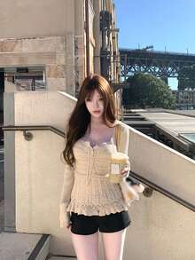 Knitted Textured Patchwork Sexy Style Tie Square Neck Cable Knit Pullover Sweater - Apricot - View 7