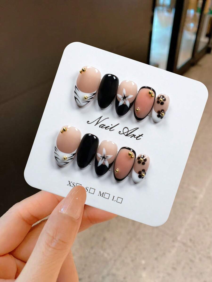 YINZIJIA 10 Pieces, Handmade French Floral Gradient, Suitable For Girls Who Pursue Individuality And Uniqueness In Daily Life, Subtle Differences=Unique Handmade Short Almond Shaped Pure Handmade Nail Set, 1 Nail File And 1 Piece Of Jelly Glue - Multicolor - View 1