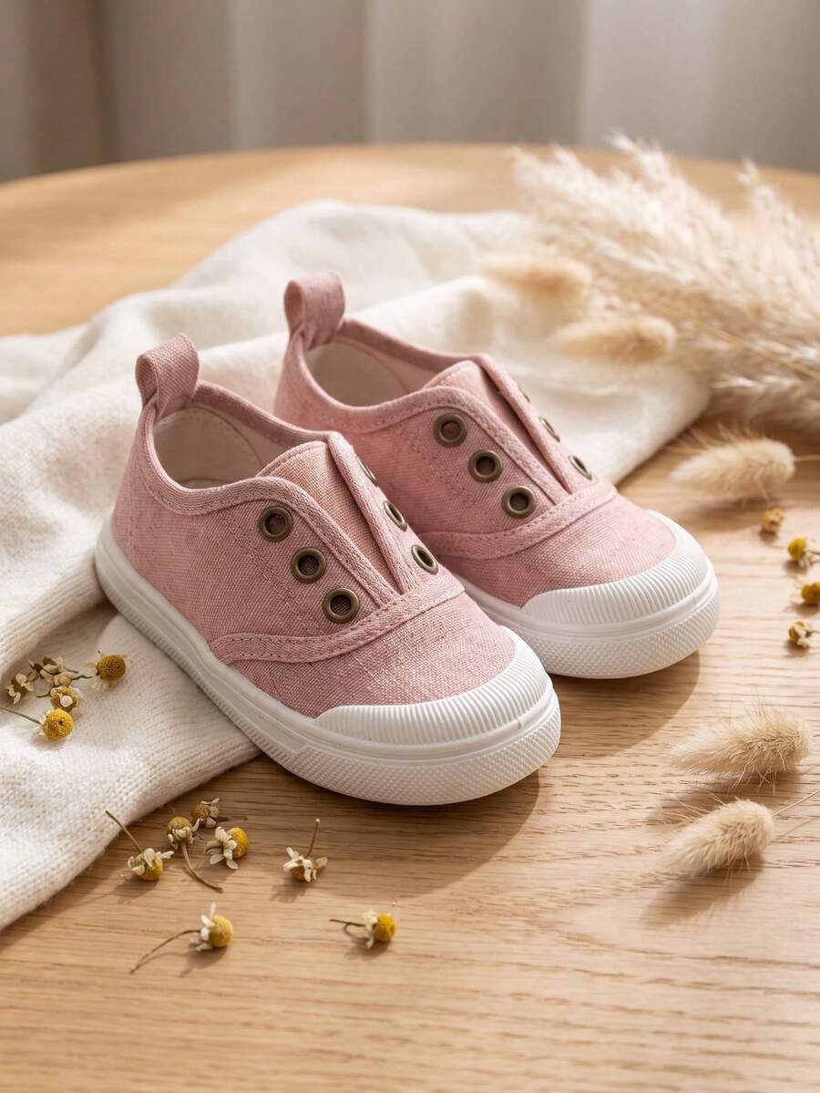 1 paire de chaussures plates en canevas rose pour petites filles, style minimaliste doux et sucré, à enfiler avec boutons, confortables, basses, décontractées, adaptées au printemps et à l'automne, pour pique-nique en plein air et promenade au jardin - Rose bonbon - Voir 1