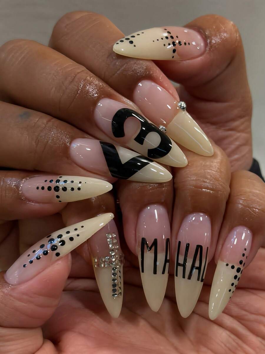 Y2K Gothic-Punk-Style Long Pointed False Nails; Nude-Beige Base, Black Lettering, Polka Dots, Rhinestones, And Steel Beads-Perfect For Women's French Tip Nails For Everyday Wear, Dates, Parties, And Holiday Looks. - Multicolor - View 1