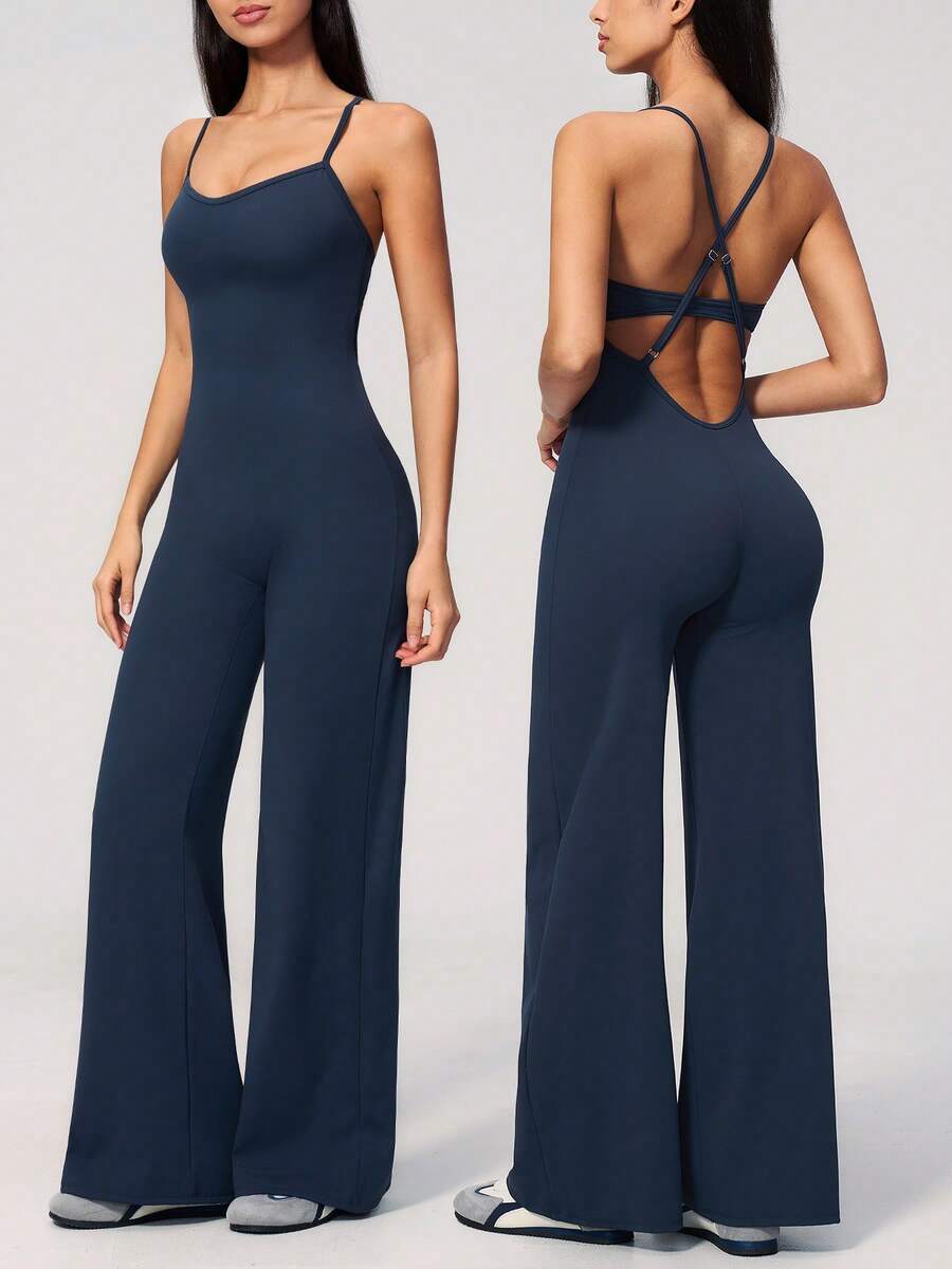 NcmRyu 1pc Women's Fashion Yoga Dance Fitness Running Workout Jumpsuit - Navy Blue - View 1