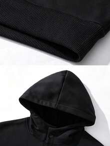 Men's Sports Outdoor Knit Hooded Fleece Lined Half-Zip Sweatshirt Sweatshirt, Solid Color Long Sleeve Sports Top, Suitable For Spring And Autumn Casual Wear - Black - View 6