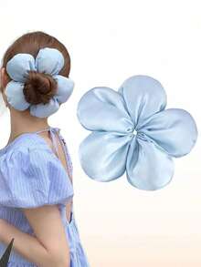 1pc/Set Large Satin Flower Scrunchie, Silk Flower Hair Tie, Korean Style Oversized Flower Hair Accessory, Elegant Cute Sponge Flower Scrunchie, Extra Large Hair Tie For Bun, Suitable For Thick Curly Hair - Multicolor - View 10