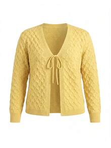 Plus Size Women Solid Color Casual Versatile Daily Wear Knit Top - Yellow - View 6
