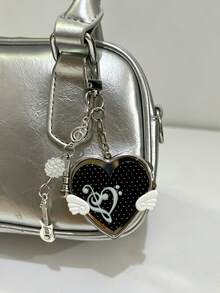 1Pc Korean Ancient Love Small Wing Mirror, Bag Hanging Ins Style Note Guitar Pendant Keychain, Y2K Portable Heart Shaped Small Mirror Key Chain - Multicolor - View 10