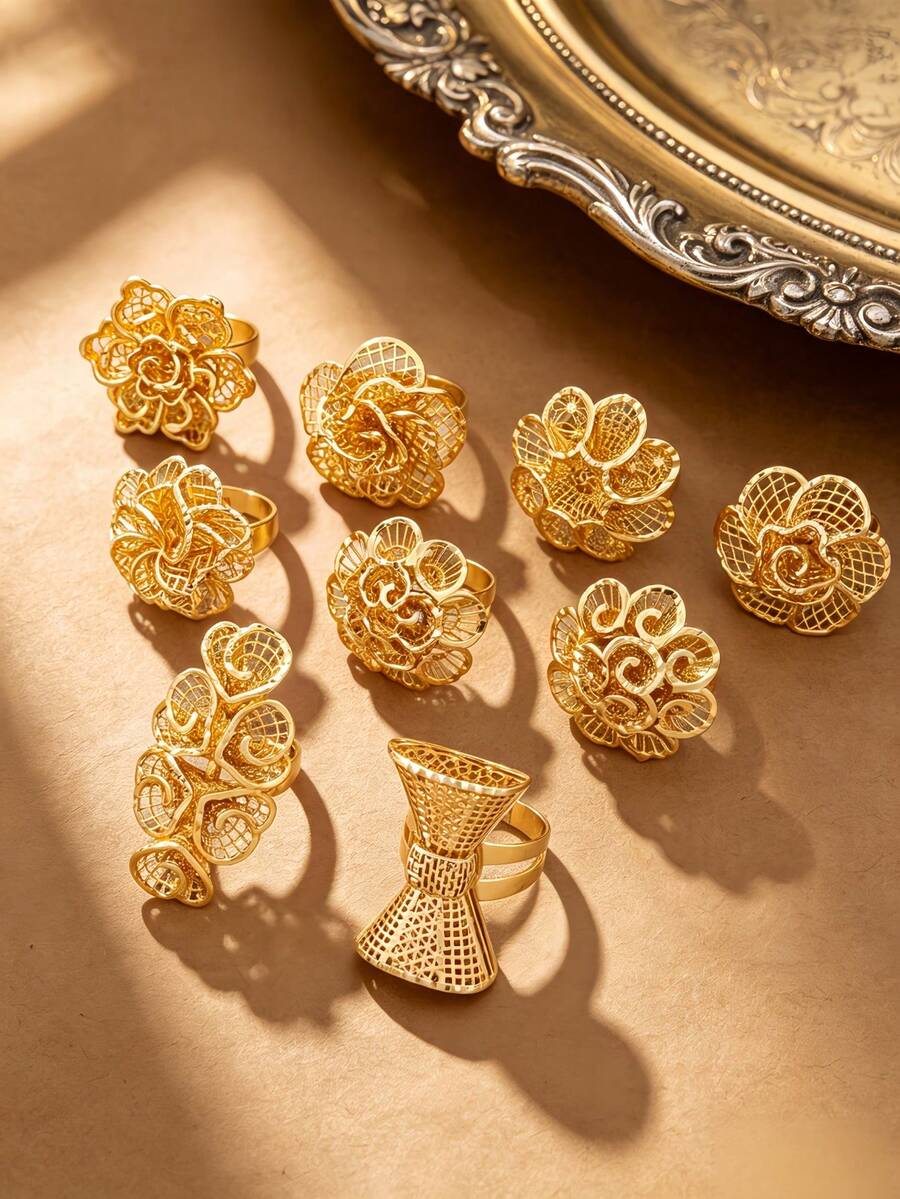 4/5pcs Women's 18K Gold Plated Hollow Flower Adjustable Open Ring, Vintage Personalized Wedding Finger Ring - Gold - View 1