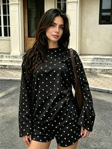 Autumn Polka Dot 2-Piece Set Long Sleeve Top And Elastic Waist Shorts - Black - View 3